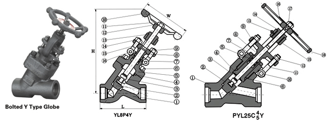 API 602 Class 800 Lb, Y Pattern Forged Globe Valve, BB, OS&Y, Threaded (NPT / BSP),  Butt Weld (BW), Socket Weld (SW)